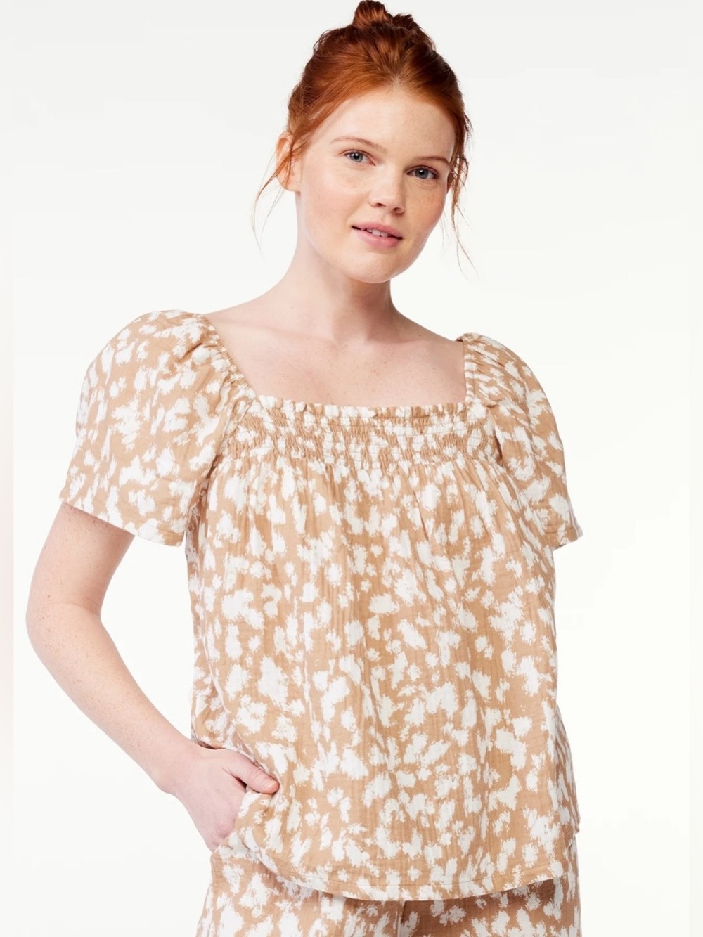 Joyspun|100% Cotton Smocked Square Neck Flutter Sleeve Top Beige Print top•••2X